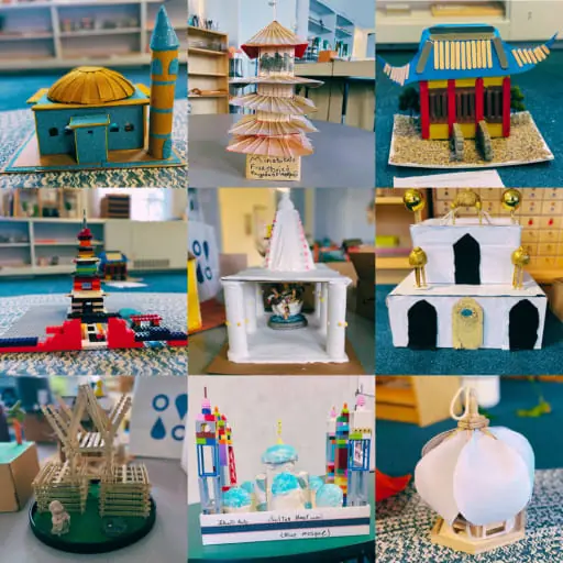 Photo of a number of student projects showing physical builds of different places of worship.