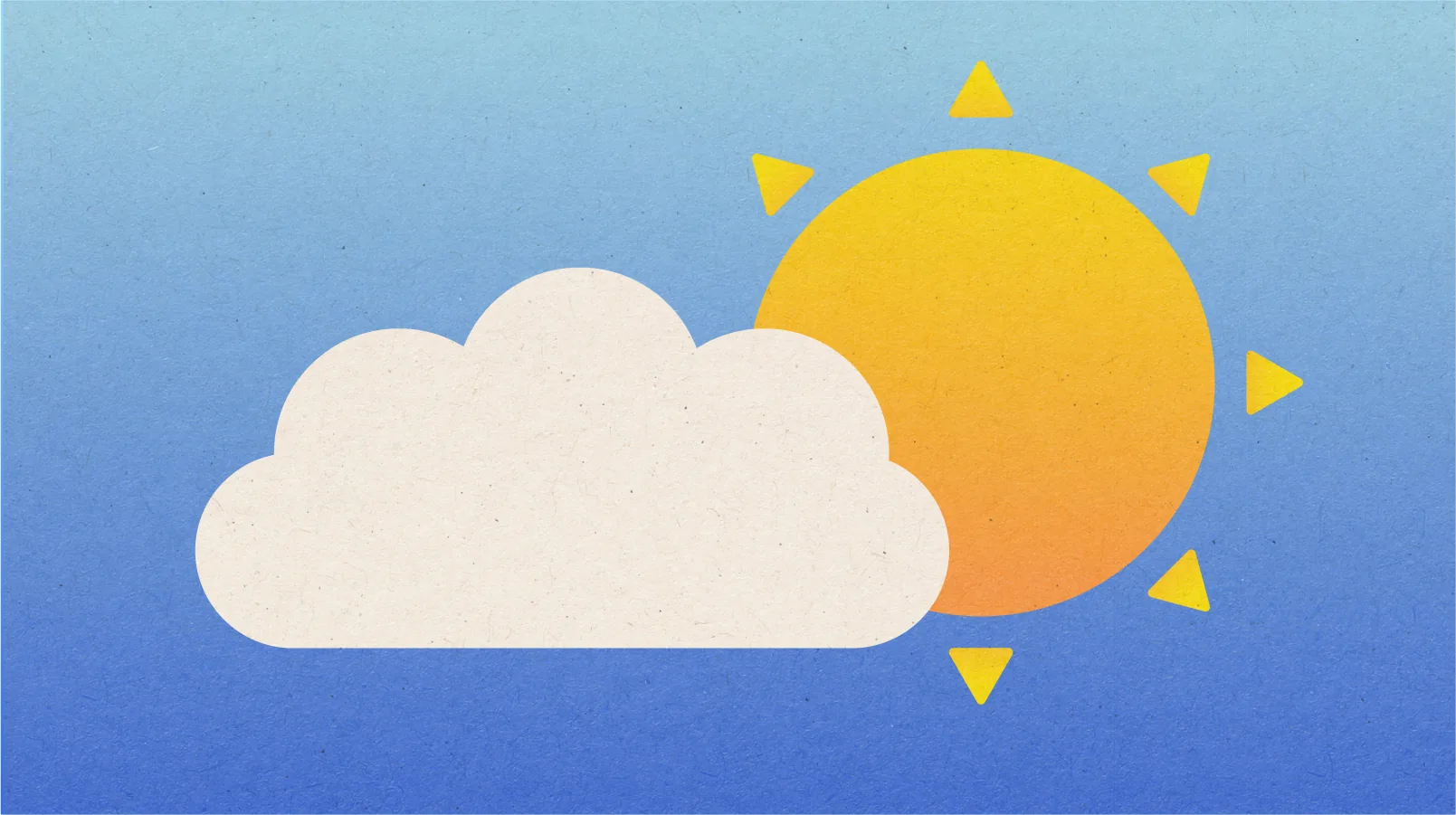 Illustration of a sun coming out from behind a cloud in a bright blue sky