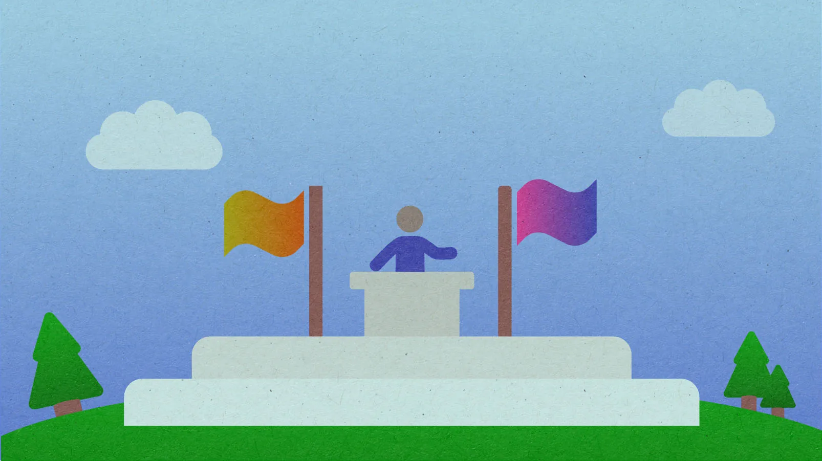 Illustration of a figure speaking on a platform with flags either side